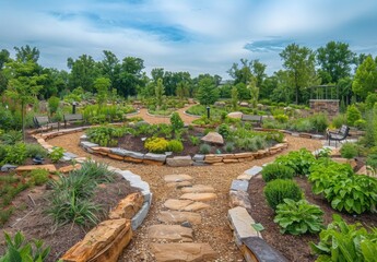 Fototapeta premium A panoramic view of a well organized community garden, with diverse plants, walking paths, and seating areas for relaxation