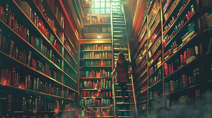 Illustrations of a Person Climbing a Ladder in a Cozy Library. Book background flat cartoon style. AI generated image