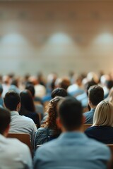 Audience listening during seminar, focus on blurred people