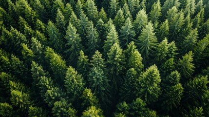 Fototapeta premium Lush Evergreen Forest Canopy Viewed From Above During Bright Sunny Day. Generative AI