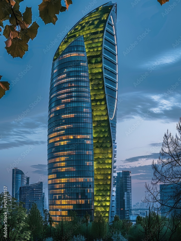 Aufkleber a green leaf-shaped skyscraper, exterior view at eye-level angle with a blue sky at dusk and warm li