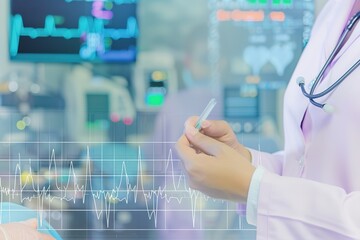 Doctor with stethoscope writes notes with ECG lines overlay.