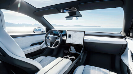 The front seat of the electric car has a large screen that displays data about the car, and the interior is upholstered in white leather and black parts. A light blue sky outside the window.