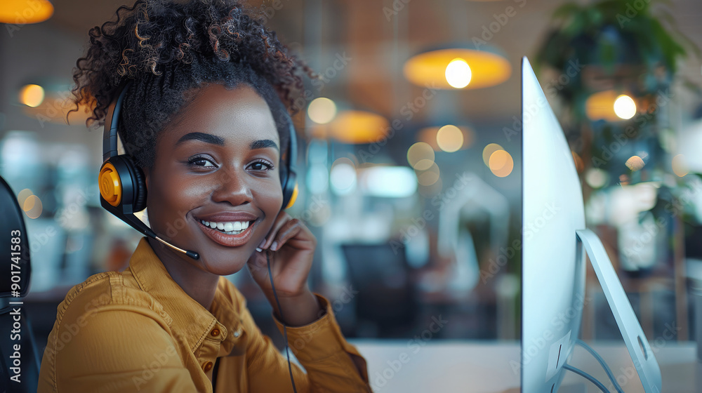 Aufkleber a smiling black female call centre agent sitting at a desk in a modern office and wearing a headset 