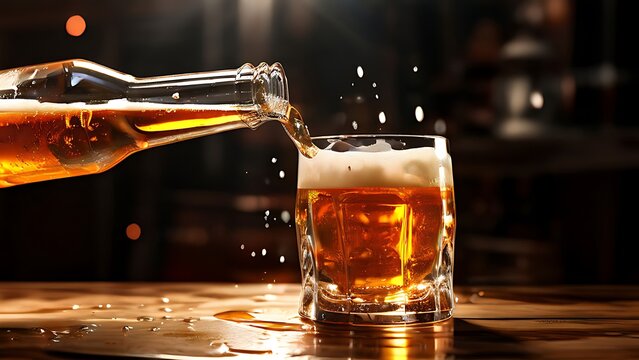 pouring beer from beer bottle to beer glass, Generative AI