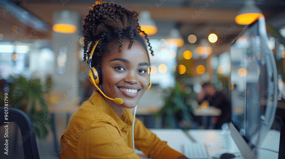Aufkleber a smiling black female call centre agent sitting at a desk in a modern office and wearing a headset 