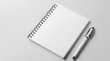 Blank notepad and pen on minimalist background. A pristine notepad with a spiral binding lies ready for inspiration, accompanied by a sleek pen, on a clean, bright background.