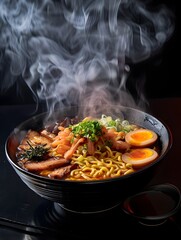 Steaming Bowl of Savory Japanese Ramen with Perfectly Placed Toppings
