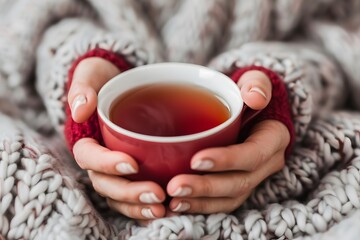 A person is holding a red mug of tea while wrapped in a blanket