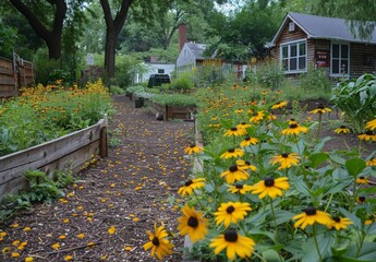A serene community garden featuring native plants and pollinator friendly flowers, providing a habitat for urban wildlife