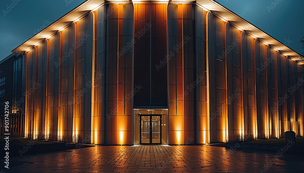 Poster Facade of a building lit from below along the walls with large white wall washers. Generative AI.