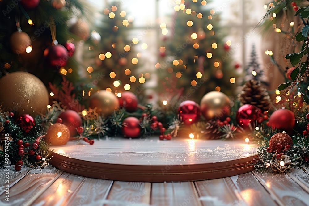 Poster a space elegantly empty, ready to showcase a product with a christmas theme. the base is adorned wit