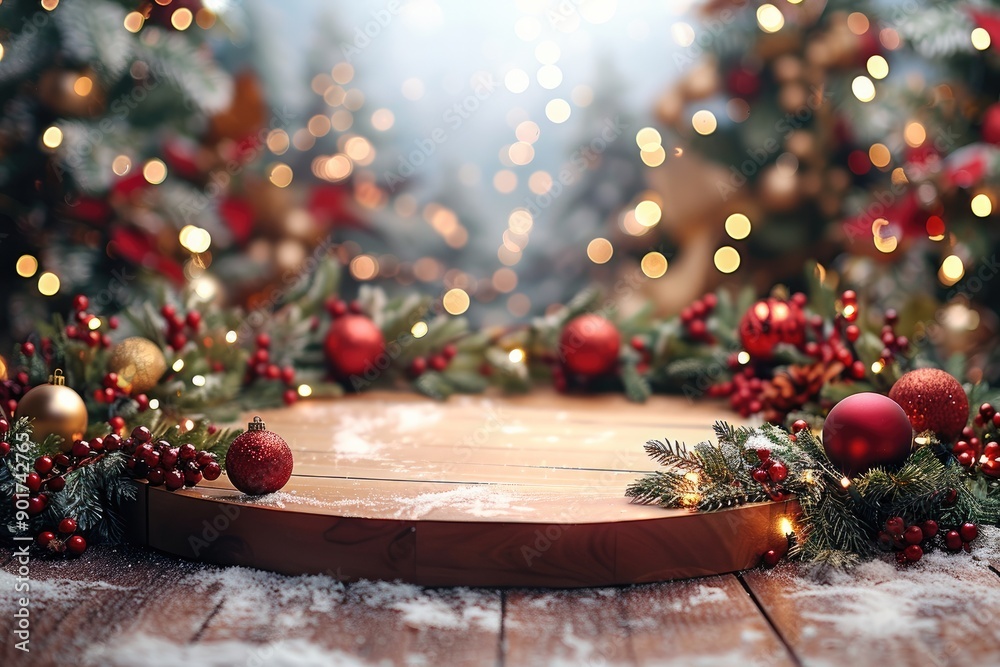 Poster A space elegantly empty, ready to showcase a product with a Christmas theme. The base is adorned with pine leaves, small red and gold Christmas balls. Generative AI.