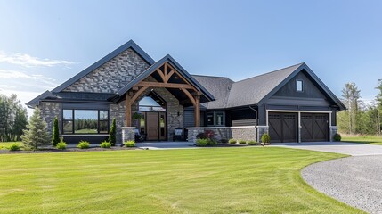Stunning modern house with lush green lawn and sky view