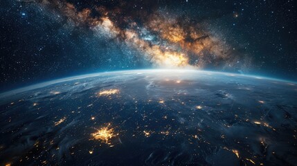 Fototapeta premium Image of the Earth from space at night with city lights and stars visible