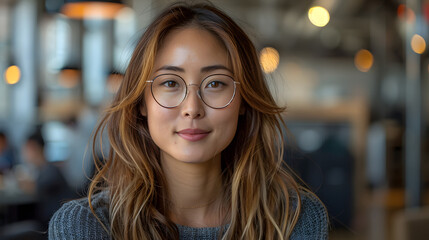 Obraz premium A young woman with glasses and long hair, sitting in a cozy cafe, looking directly at the camera with a gentle smile