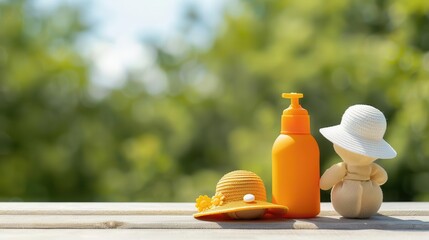 Family in sun-protective hats and clothing with sunblock, sunblock, outdoor