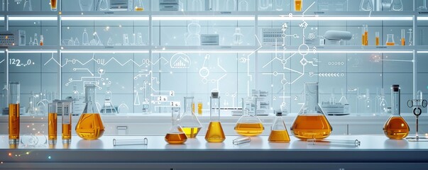 Modern science laboratory with chemical equipment and orange liquid in glassware for research and experimentation