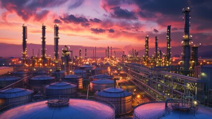 Industrial refinery skyline under vibrant evening skies.