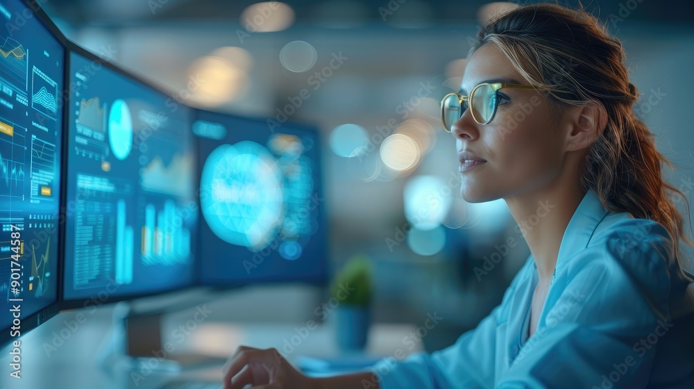 Poster Woman working with analytics charts and tables. Generative AI.