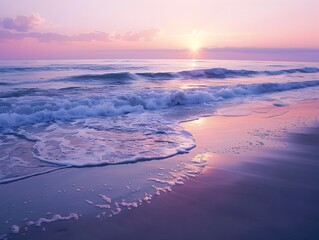 Tranquil Sunset Beach Scene with Gentle Waves and Vibrant Colors