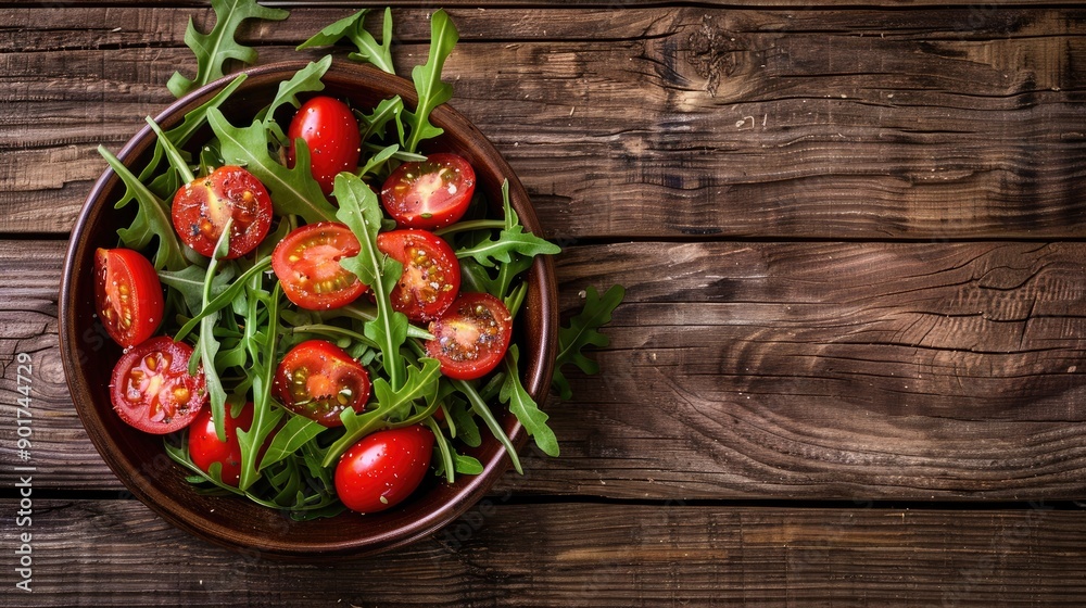 Wall mural Fresh tomato and arugula salad on wooden surface Top view with space for text