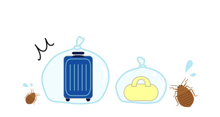 トコジラミの対策の為にスーツケースやカバンをビニール袋に入れていることを表すイラスト