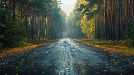 Obraz premium Misty Autumn Morning Along a Quiet Road Surrounded by Tall Pine Trees. Generative AI