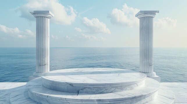 3D rendering of a white marble circular podium stage with columns, set against an ocean backdrop.