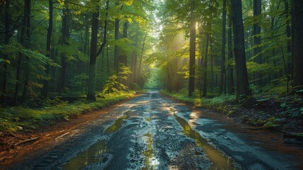Obraz premium Serene Forest Pathway Drenched in Morning Light After Rainfall in Tranquil Woodland Area. Generative AI