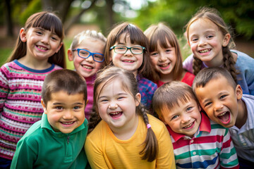 Group of Multi-ethnic children looking at camera and posing together. Diverse different cool school students boys and girls wide angle. Concept diversity and inclusion
