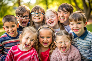 Obraz premium Group of Multi-ethnic children looking at camera and posing together. Diverse different cool school students boys and girls wide angle. Concept diversity and inclusion 