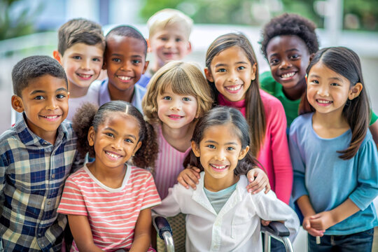 Group of Multi-ethnic children looking at camera and posing together. Diverse different cool school students boys and girls wide angle. Concept diversity and inclusion

