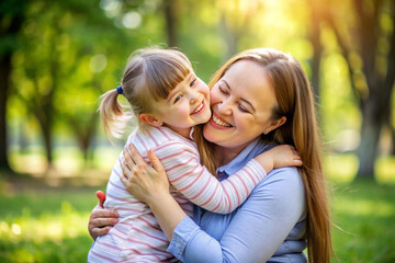 Happy kid with her mother enjoying affection on Mothers day. Birthday or women's day. Relation and motherhood.
