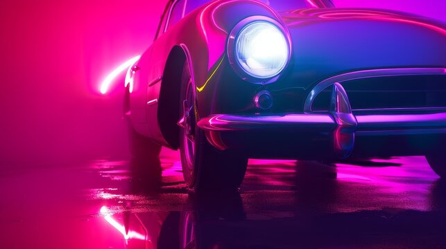 Vintage car with neon lights in a futuristic setting.