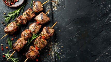 Grilled meat skewers with seasonings on black stone surface From above with space for text