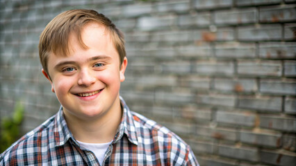 young man with special needs outdoors. Portrait of happy mentally disabled male with down syndrome smilling with copy space