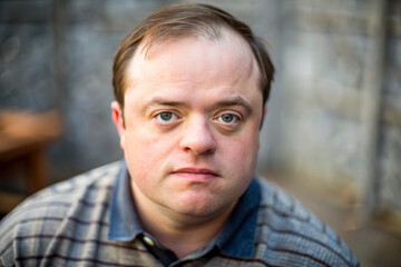 young man with special needs in a summer park outdoors. Portrait of happy mentally disabled male with down syndrome