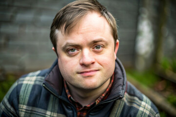 Fototapeta premium young man with special needs in a summer park outdoors. Portrait of happy mentally disabled male with down syndrome smilling