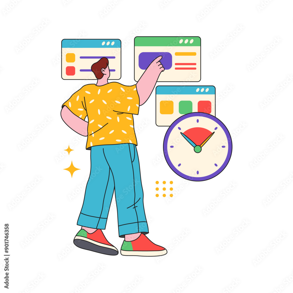Poster Employee using organizer and planners at work for efficient and productive workflow. Vector flat cartoon character with calendar, timer or clock for setting and meeting deadline
