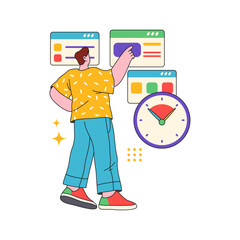 Employee using organizer and planners at work for efficient and productive workflow. Vector flat cartoon character with calendar, timer or clock for setting and meeting deadline