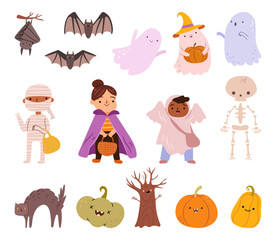 Halloween witch, ghost, spooky mummy and skeleton, funny pumpkins. Perfect for scrapbooking, greeting card, party invitation, poster, tag, sticker kit. Hand drawn vector illustration