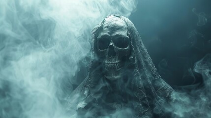 Bone-clad ghost reaper, shrouded in spectral fog, chilling and macabre atmosphere, reaper ghost bone