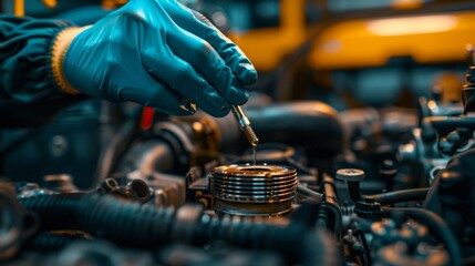 close-up of a mechanic's hand checking the oil level on a dipstick in a car engine, with a background of auto parts and maintenance tools, emphasizing standard repair procedures