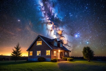 House with a clear starry night sky in the background, architecture, starry sky, stars, peaceful, nature,house, celestial, tranquil, sky, universe, space, dreaming, serenity