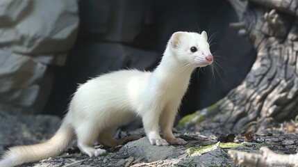   White Ferret on Dirt, Next to Forest Tree Trunk