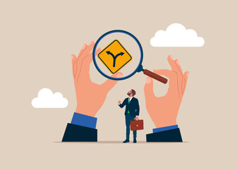 Businessman with magnifying glass. Alternative or choice, deciding career path. Modern vector illustration in flat style 