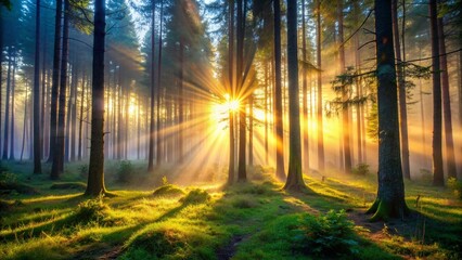 Fototapeta premium Eerie sunrise in a forest casting a mystical light, forest, tranquil, mystical, serene, calm, landscape, morning, trees, light, eerie, mysterious, atmosphere, nature, peaceful, mist