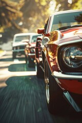 Fototapeta premium A red car drives alongside other vehicles on a city street