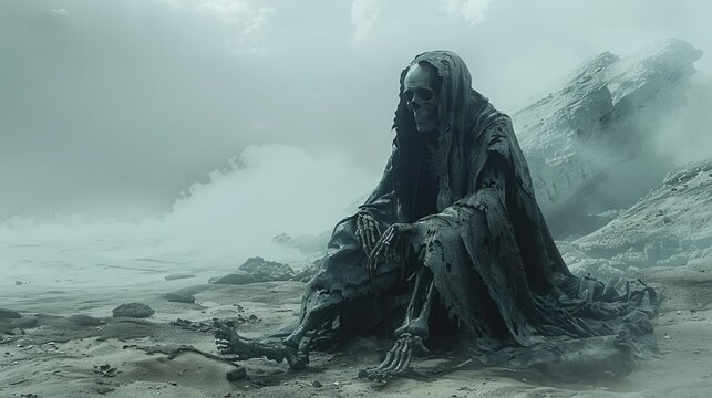 Cloak-wrapped skeleton with exposed spine and skull, wandering in a desolate wasteland, chilling and macabre atmosphere, skull cloak spine